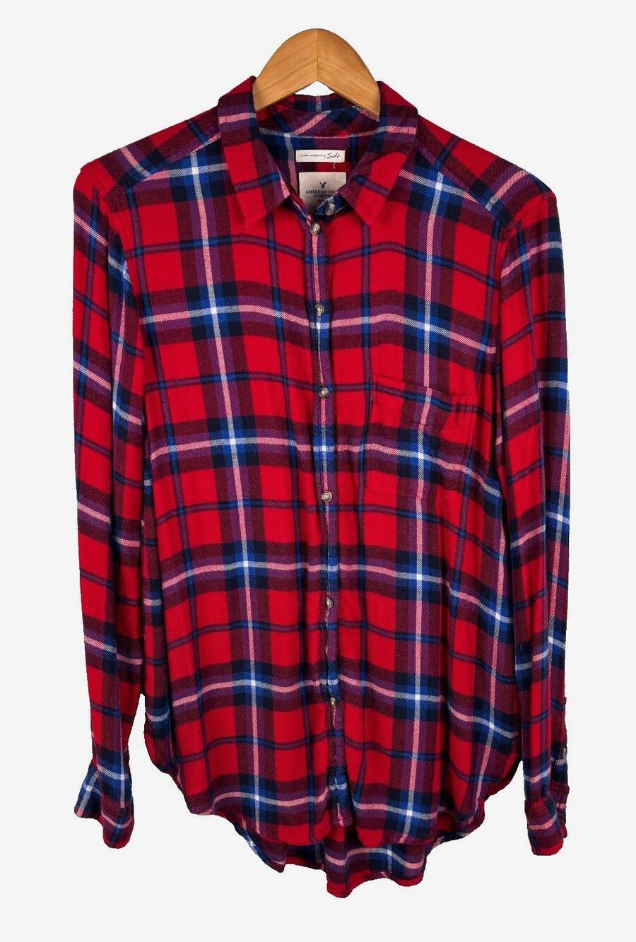 Women's American Eagle Sz M Flannel Boyfriend Red Button Up Plaid Shirt Pocket